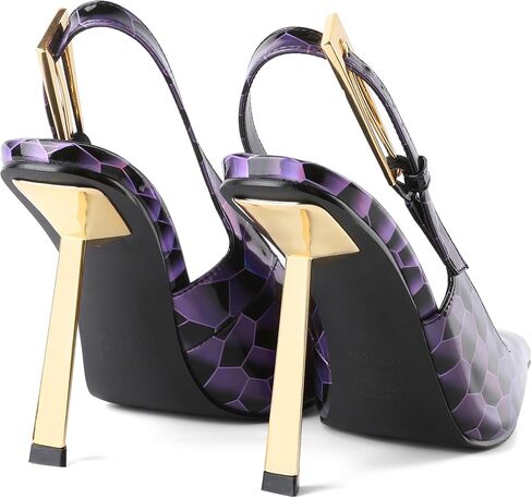 Eldof Slingback Heels for Women Metallic Buckle Square Toe Slip On Gold Stilettos High Heel Pumps Shoes Dressy 4 Inches in Kuwait