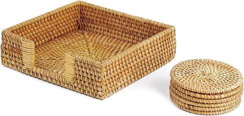 365Home 2-Pack Rattan Napkin Holder Square Napkin Holder Basket Napkin Holder Bar Cocktail Napkin Holder 7.5" x 7.5" x 2.5" and Set 6 Pieces Nature Rattan Coasters Handwoven Coasters 4" Round in Kuwait