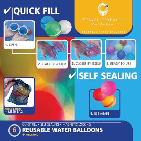 بالونات مياه سريعة التعبئة وقابلة لإعادة الاستخدام، ذاتية الغلق، كرة رذاذ الماء من السيليكون خالية من اللاتكس، قنبلة مائية للأطفال والمراهقين | الأنشطة الخارجية، الألعاب المائية، لوازم الحفلات الصيفية (6 عبوات) in Kuwait