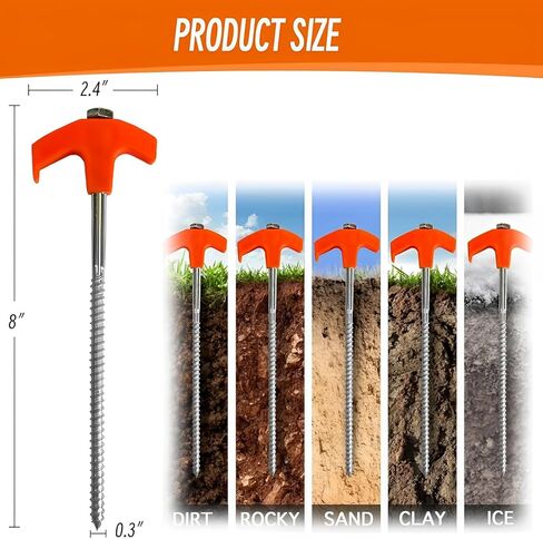 8" Screw in Tent Stakes - Ground Anchors Screw in, Screw in Tent Stakes Heavy Duty, Metal Threaded Tent Spikes, Tent Pegs Camping Stakes, Tent Stakes for Outdoor Camping (8pcs) in Kuwait