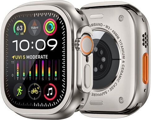 amBand لساعة Apple Watch Ultra 2/واقي شاشة Ultra 49 مم، W1 حافظة معدنية متينة بإطار من التيتانيوم + طبقة زجاجية مقسى 9H + غطاء خلفي يشبه السيراميك، يحافظ على الأصل، مقاوم للماء، تيتانيوم طبيعي in Kuwait