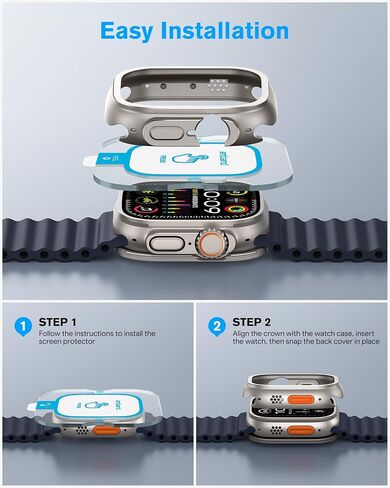 amBand لساعة Apple Watch Ultra 2/واقي شاشة Ultra 49 مم، W1 حافظة معدنية متينة بإطار من التيتانيوم + طبقة زجاجية مقسى 9H + غطاء خلفي يشبه السيراميك، يحافظ على الأصل، مقاوم للماء، تيتانيوم طبيعي in Kuwait