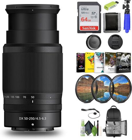 عدسة تكبير تليفوتوغرافي من Nikon NIKKOR Z DX مقاس 50-250 مم f/4.5-6.3 VR لكاميرات Nikon Z Series عديمة المرآة (20085) + بطاقة ذاكرة سعة 64 جيجابايت + مجموعة مرشح + حقيبة ظهر + قارئ بطاقات + برنامج Corel للصور + المزيد in Saudi Arabia