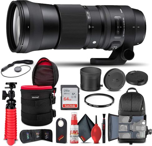 Sigma 150-600mm f/5-6.3 DG OS HSM Contemporary Lens for Canon EF (745-101) Bundle + Backpack + 64GB Card + Lens Case + Card Reader + UV Filter + Cleaning Set + Tripod + Memory Wallet + More in Saudi Arabia