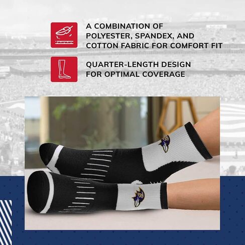 من أجل جوارب Bare Feet NFL Performance ربع الطول - مزيج من البوليستر - للرجال والنساء - أربطة ضغط - جوارب عالية الأداء (Baltimore Ravens - أسود، مقاس متوسط ​​للبالغين) in Saudi Arabia