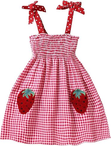SOLY HUX Toddler Girl's Plaid Tie Shoulder Cami Dress Shirred Strawberry Patched A Line Dresses in Saudi Arabia