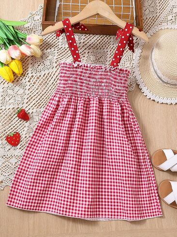 SOLY HUX Toddler Girl's Plaid Tie Shoulder Cami Dress Shirred Strawberry Patched A Line Dresses in Saudi Arabia