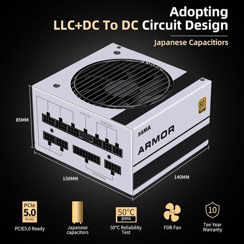 SAMA 750W مصدر طاقة أسود 80 Plus ذهبي كامل الجهد كامل وحدات FDB مروحة صامتة وضع ECO 12V PSU ATX مزود طاقة لجميع بطاقات الرسومات، أسود، ضمان 10 سنوات in Kuwait
