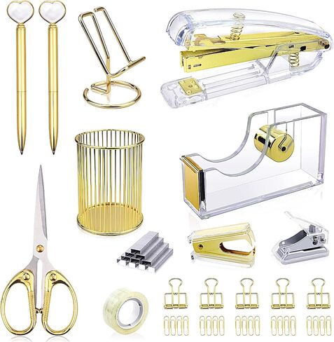 Gold Office Supplies Set,Stapler Set Include Stapler,Hole Punch,Tape Dispenser,Staple Remover,Scissors,Paper Clips, and 1000pcs Staples.Acrylic Office Desk Accessories Kits in Saudi Arabia