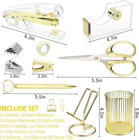 Gold Office Supplies Set,Stapler Set Include Stapler,Hole Punch,Tape Dispenser,Staple Remover,Scissors,Paper Clips, and 1000pcs Staples.Acrylic Office Desk Accessories Kits in Saudi Arabia