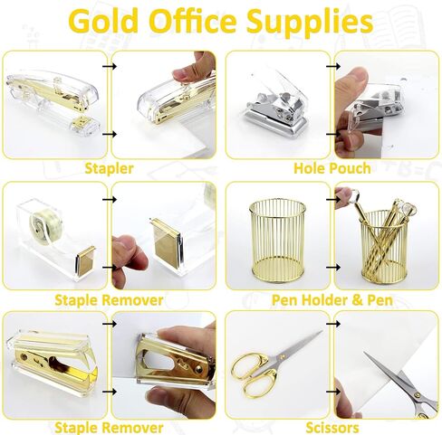 Gold Office Supplies Set,Stapler Set Include Stapler,Hole Punch,Tape Dispenser,Staple Remover,Scissors,Paper Clips, and 1000pcs Staples.Acrylic Office Desk Accessories Kits in Saudi Arabia