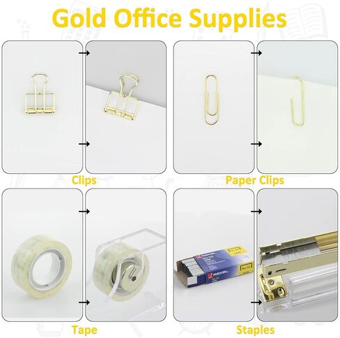 Gold Office Supplies Set,Stapler Set Include Stapler,Hole Punch,Tape Dispenser,Staple Remover,Scissors,Paper Clips, and 1000pcs Staples.Acrylic Office Desk Accessories Kits in Saudi Arabia