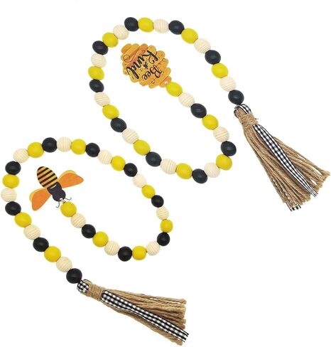 2 Pieces Bee Wood Bead Garland with Tassels,QMTSINE Wood Bead Tassel Banner,3 Color Bee Tiered Tray Decor Honeybee Wood Bead Rustic Farmhouse Bead Garland (Bee and Honeycomb Tag) in Saudi Arabia