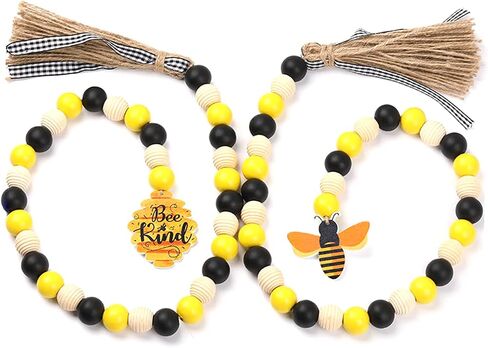 2 Pieces Bee Wood Bead Garland with Tassels,QMTSINE Wood Bead Tassel Banner,3 Color Bee Tiered Tray Decor Honeybee Wood Bead Rustic Farmhouse Bead Garland (Bee and Honeycomb Tag) in Saudi Arabia