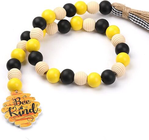 2 Pieces Bee Wood Bead Garland with Tassels,QMTSINE Wood Bead Tassel Banner,3 Color Bee Tiered Tray Decor Honeybee Wood Bead Rustic Farmhouse Bead Garland (Bee and Honeycomb Tag) in Saudi Arabia