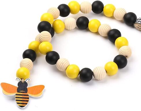 2 Pieces Bee Wood Bead Garland with Tassels,QMTSINE Wood Bead Tassel Banner,3 Color Bee Tiered Tray Decor Honeybee Wood Bead Rustic Farmhouse Bead Garland (Bee and Honeycomb Tag) in Saudi Arabia