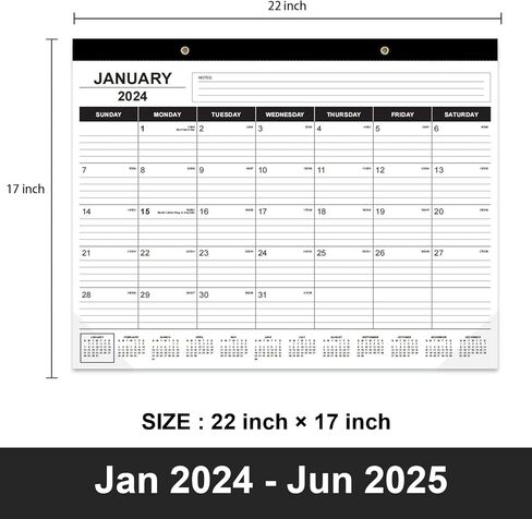 تقويم المكتب 2024-2025، يعمل التقويم العلوي للمكتب من يناير 2024 إلى يونيو 2025،18 تقويم مكتبي كبير شهريًا رائع للمنزل أو المكتب أو المدرسة مع أي ديكور، تقويم مكتب أسود 22 × 17 بوصة in Kuwait