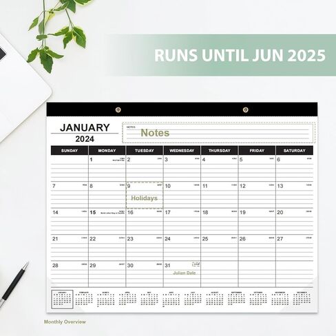 تقويم المكتب 2024-2025، يعمل التقويم العلوي للمكتب من يناير 2024 إلى يونيو 2025،18 تقويم مكتبي كبير شهريًا رائع للمنزل أو المكتب أو المدرسة مع أي ديكور، تقويم مكتب أسود 22 × 17 بوصة in Kuwait