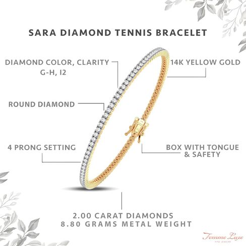 سوار التنس Femme Luxe Sara Diamond للنساء (2.00 قيراط، لون G-H، وضوح I2)، ذهب أبيض أو أصفر عيار 14 قيراط، مع صندوق هدايا، مجوهرات قابلة للهدايا in Kuwait
