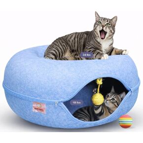 Peekaboo Cat Tunnel Bed with Hanging Ball Toy – Large Cat Tunnels for Indoor Cats up to 30lbs – Round Cat's cave Bed with Scratch-Resistant, Easy to Wash & Cozy Design (24x24x11, Dark Grey) in Saudi Arabia