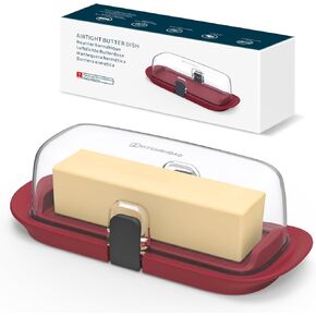 طبق زبدة محكم الغلق بيد واحدة من كيتشنداو مع غطاء للمنضدة ورف باب الثلاجة، حامل زبدة مع ضغطة واحدة لفتح/إغلاق مشبك الإغلاق الآمن لزبدة الساحل الغربي/الشرقي (أبيض) in Kuwait