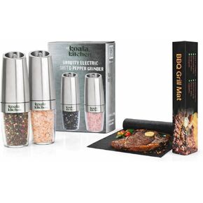 مجموعة مطحنة الملح والفلفل الكهربائية من جرافيتي + سجادات شواء غير لاصقة (5 عبوات) | مطاحن الجاذبية الخشنة القابلة للتعديل مع ضوء LED + بطانات الشواية القابلة لإعادة الاستخدام للشوي بالغاز والفحم والشواء الكهربائي in Kuwait