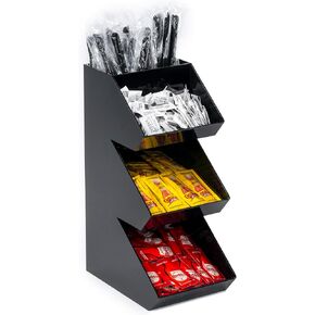 Condiment Holder Stand - 3 Tier Compartment for Condiments, Sauce Packets, and Coffee Station Organizer for Bar, Restaurant, Cafe, Home - Black Acrylic Caddy Storage Rack in Kuwait