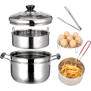وعاء مقلاة عميقة من الفولاذ المقاوم للصدأ 304 مكون من 6 قطع مع سلة، وعاء طهي متعدد الوظائف سعة 4.2 لتر/4 لتر مع غطاء زجاجي، سلة بخار، سلة قلي، ملقط طعام ورف بيض، مثالي للقلي والتبخير والغليان in Kuwait