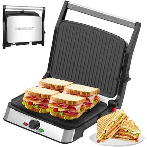 شواية بانيني كهربائية وصانعة الساندويتشات / أطباق مطلية غير لاصقة مقاس 8.5 بوصة × 11 بوصة، تفتح 180 درجة لتناسب أي نوع أو حجم طعام، آمنة للاستخدام في غسالة الأطباق، فضية in Kuwait