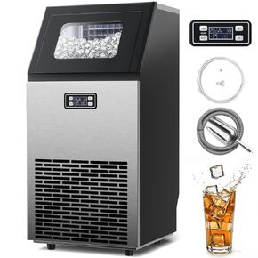 Kismile Commercial Ice Machine, 100Lbs/24H, 45 Cubes/Batch in 11-20 Mins, Stainless Steel Freestanding with Dual Self-Cleaning & 2 Water Inlet Modes for Restaurant/Bar/Home/Office Offices in Kuwait