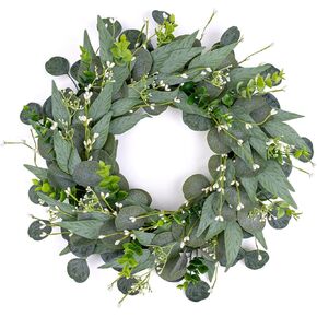 Artificial Green Eucalyptus Wreath,15 inches Greenery Wreath with Clusters of White Flowers Mini Spring/Summer Wreath for Front Door Wall Window Decor in Kuwait