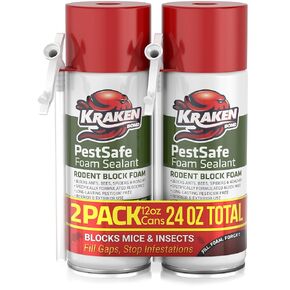 Kraken Bond Pestblokc Spray Foam Sealant - (2x12oz) Polyurethane Expanding Sealant for Gaps & Cracks with Mothball Odor, Straw-Application, Paintable Foam Filler for Wall Holes - 2 Pack in Kuwait
