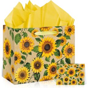 Large Sunflower Gift Bag with Tissue Paper and Greeting Card Sunflower Party Favor Bags Decorations Floral Sunflower Treat Candy Paper Bag Sunflower Wrapping Paper for Wedding Birthday Christmas Gift in Kuwait