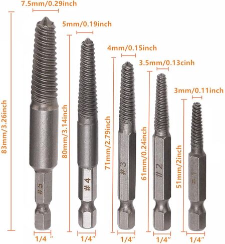 5PCS Damaged Screw Extractor Set, Carbon Steel Screw Remover Tool with 1/4 Inch Hex Shank, Ideal for Broken Stuck Screws Removal, Includes 7.5mm 5mm 4mm 3. 3mm in Saudi Arabia