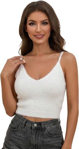 SHENHE Women's V Neck Spaghetti Strap Furry Cute Top Fluffy Knit Crop Cami Top Tank in Saudi Arabia