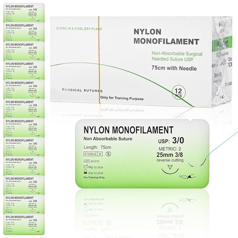 خيوط ممارسة الغرز بإبرة - مجموعة خياطة 12 قطعة 3/0، ممارسة خياطة خيط النايلون الأحادي لتدريب الطلاب فقط in Kuwait