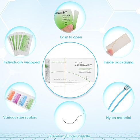خيوط ممارسة الغرز بإبرة - مجموعة خياطة 12 قطعة 3/0، ممارسة خياطة خيط النايلون الأحادي لتدريب الطلاب فقط in Kuwait