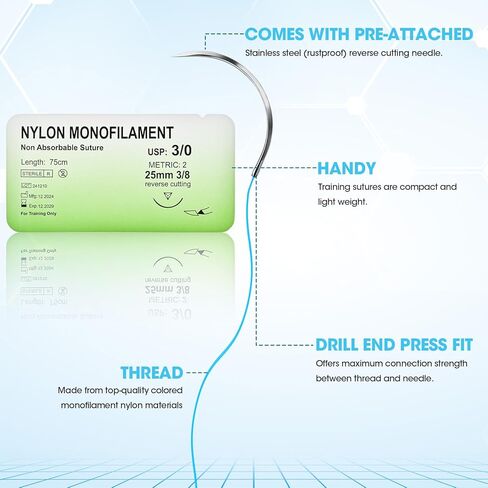 خيوط ممارسة الغرز بإبرة - مجموعة خياطة 12 قطعة 3/0، ممارسة خياطة خيط النايلون الأحادي لتدريب الطلاب فقط in Kuwait