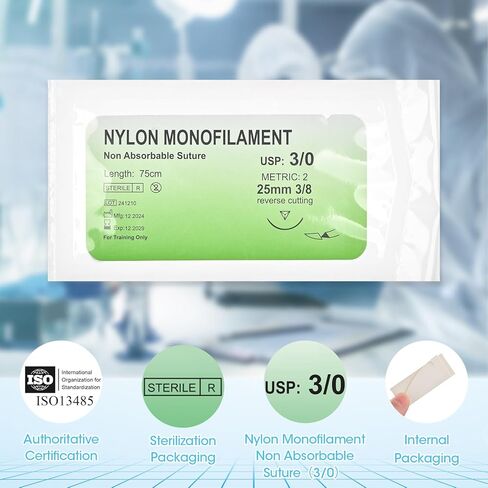 خيوط ممارسة الغرز بإبرة - مجموعة خياطة 12 قطعة 3/0، ممارسة خياطة خيط النايلون الأحادي لتدريب الطلاب فقط in Kuwait