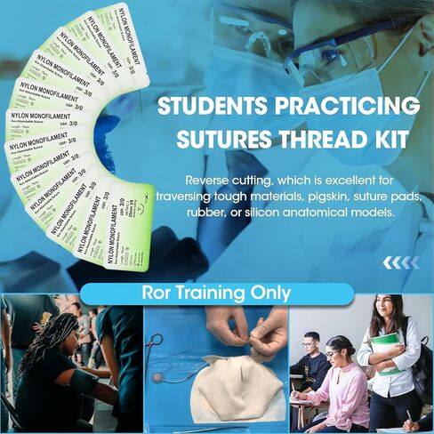 خيوط ممارسة الغرز بإبرة - مجموعة خياطة 12 قطعة 3/0، ممارسة خياطة خيط النايلون الأحادي لتدريب الطلاب فقط in Kuwait