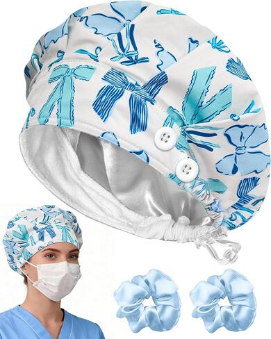 Plifal Satin Lined Bouffant Scrub Cap with Buttons-Adjustable 100% Cotton Nurse Hat with Sweatband and 2 Scrunchies in Kuwait