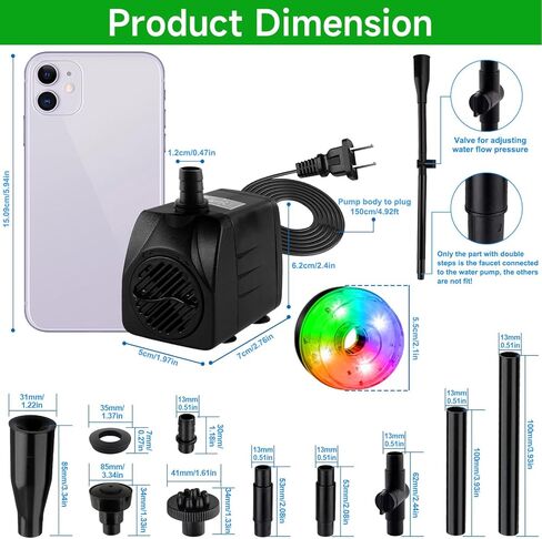 15W 800L/H مضخة نافورة البركة الغاطسة مع مصابيح LED ، مضخة مياه هادئة فائقة ، مضخات نافورة البركة للبركة الصغيرة ، Koi ، حديقة ، خزانات السمك ، أحواض السمك ، نافورة داخلية خارجية 3 من النوع in Kuwait