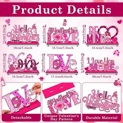 6 قطع من علامة الطاولة الخشبية لعيد الحب الحلو على شكل قلب ديكور سطح الطاولة ديكورات رومانسية علامات زخرفية لعيد الحب قطعة خشبية مركزية لتزيين الطاولة للمنزل (القلب) in Kuwait