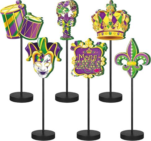 Huwena 6 Pcs Mardi Gras Wooden Sign Standing Mask Block Set Carnival Farmhouse Centerpieces for Wedding Freestanding Mardi Gras Table Decor for Photo Props Home in Kuwait