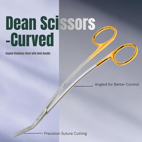 Dean Scissors Curved – Dental Surgical Scissors for Suture Cutting | Angled Stainless Steel with Gold Handle | Autoclavable Oral Surgery Instrument C-0632 in Kuwait