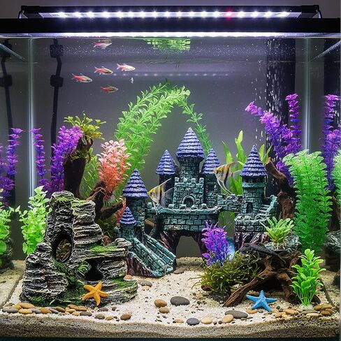Mechpia 13 Pieces Aquarium Decorations Kit, Fish Tank Decorations Set Small Resin Castle and Rockery Betta Fish Cave Hideout Coral Artificial Plastic Plants Ornament Accessories in Kuwait