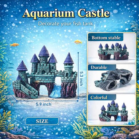 Mechpia 13 Pieces Aquarium Decorations Kit, Fish Tank Decorations Set Small Resin Castle and Rockery Betta Fish Cave Hideout Coral Artificial Plastic Plants Ornament Accessories in Kuwait