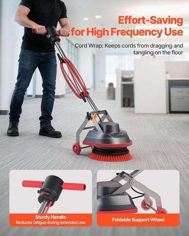 VEVOR Commercial Floor Scrubber Machine, Heavy Duty Floor Cleaner Polisher with 2 Wheels, Professional Electric Carpet Buffer, Max 1900 RPM, 43 FT Cord, 3 Pads & 3 Brushes - All Floor Surfaces in Saudi Arabia