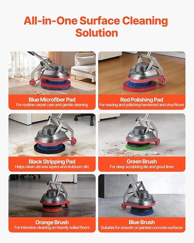 VEVOR Commercial Floor Scrubber Machine, Heavy Duty Floor Cleaner Polisher with 2 Wheels, Professional Electric Carpet Buffer, Max 1900 RPM, 43 FT Cord, 3 Pads & 3 Brushes - All Floor Surfaces in Saudi Arabia