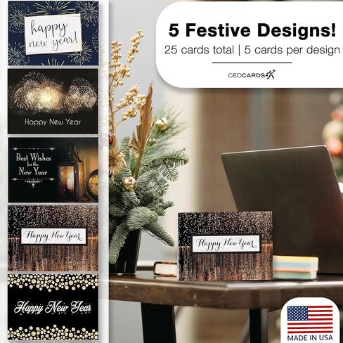 New Years Cards for Business & Family (Variety Pack - Gold) Bulk Greeting Card Set Pack of 25 Happy New Year Cards with Envelopes for 2025 (5x7 inch) Great for Office, Work Employees & Clients VP1505 in Kuwait